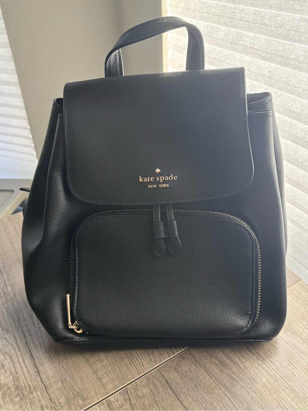 Kate Spade Black Pebbled Leather Backpack with Front Zip Pocket